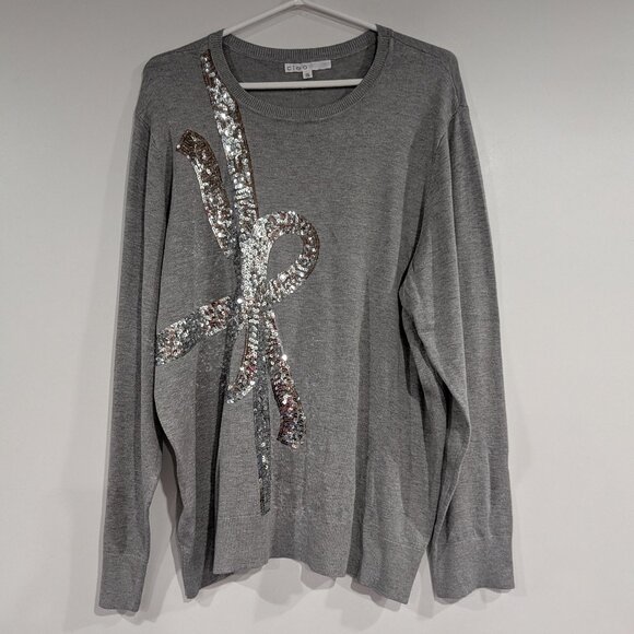 Cleo Holiday Crew Neck Sweater with Sequined Bow Grey Silver Size XXL - Picture 1 of 4